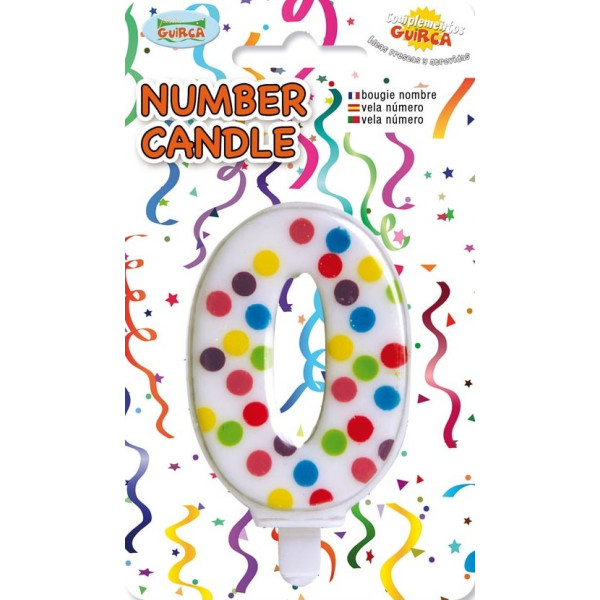 Vela de Cumpleaños Número 0 de 6,5 Centímetros de color Blanco con Lunares