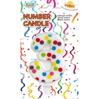Vela de Cumpleaños Número 3 de 6,5 Centímetros de color Blanco con Lunares