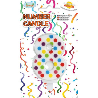 Vela de Cumpleaños Número 8 de 6,5 Centímetros de color Blanco con Lunares