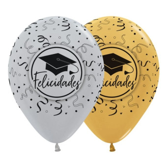 Globo Látex de Felicidades Graduado 12 Unidades R12 de 30 Centímetros acabado Metal