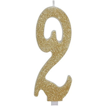 Vela de Cumpleaños Número 2 de 12,5 Centímetros de color Oro Escarchada