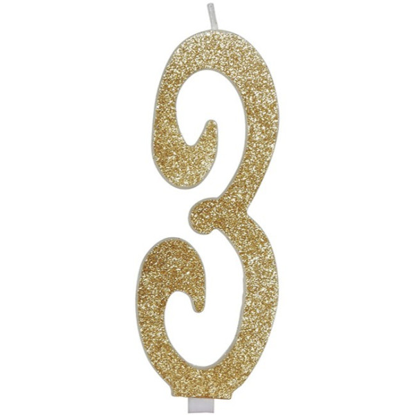Vela de Cumpleaños Número 3 de 12,5 Centímetros de color Oro Escarchada