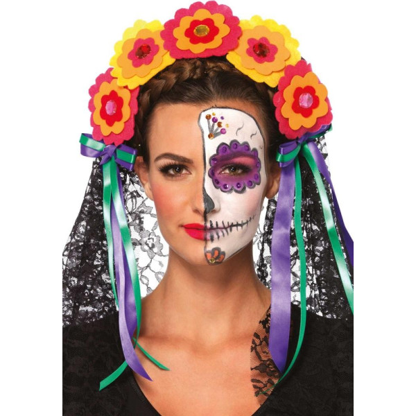 Diadema del Día de los Muertos Mexicano con Velo y Flores para Adulto