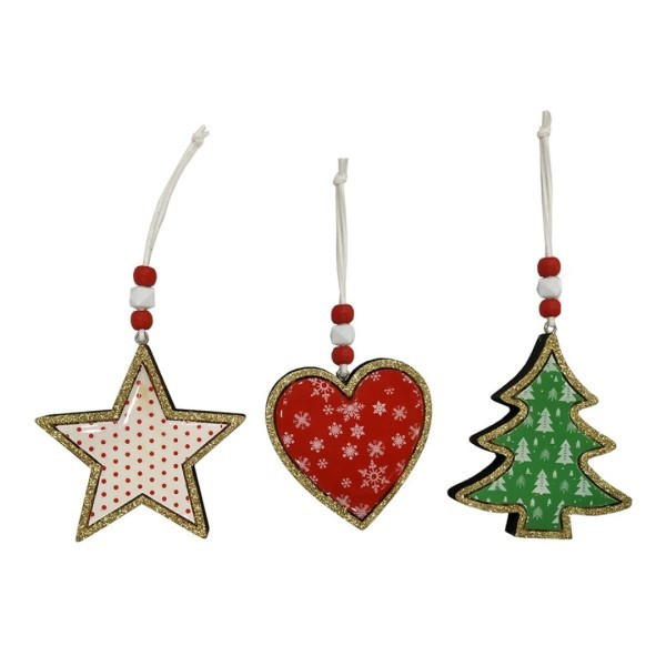 Set de Abeto, Estrella y Corazón de Madera para Colgar de 10 Centímetros