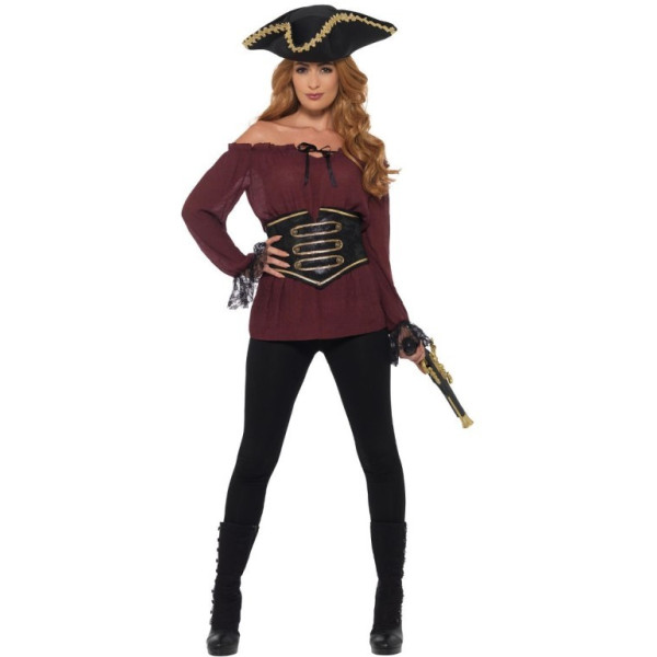Camisa de Pirata Deluxe de color Rojo con Ceñidor de Encaje para Adulto
