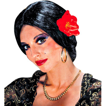 Peluca Negra de Carmen con Flor para Adulto