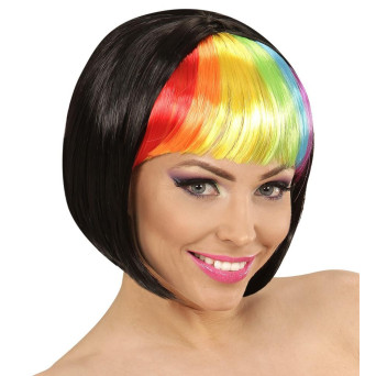 Peluca Negra de Rave con Flequillo Rainbow para Adulto