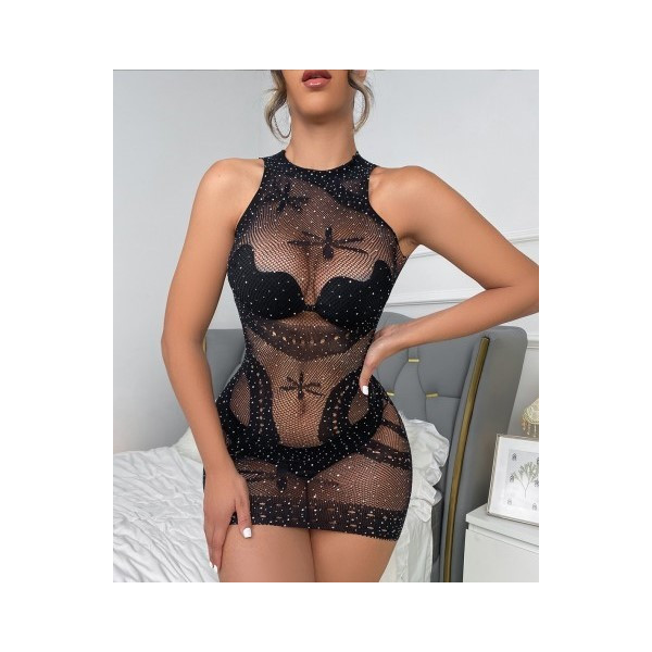Vestido de Malla con Piedras de color Negro para Adulto