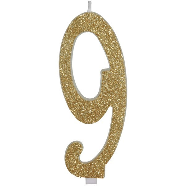 Vela de Cumpleaños Número 9 de 12,5 Centímetros de color Oro Escarchada