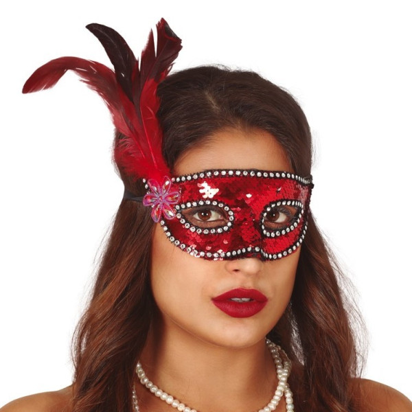 Antifaz de color Rojo con Lentejuelas y Pluma para Adulto