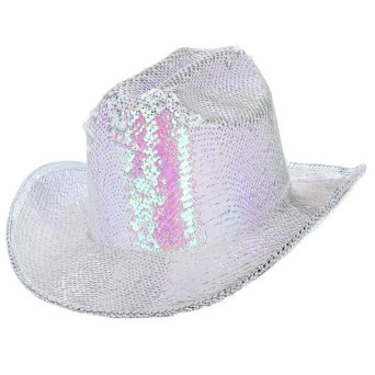 Sombrero de Vaquera Fever Deluxe de color Blanco Iridiscente con Lentejuelas para Adulto