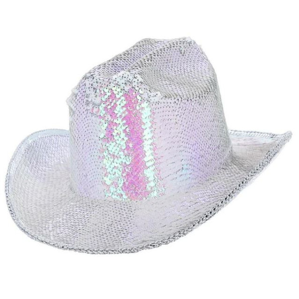 Sombrero de Vaquera Fever Deluxe de color Blanco Iridiscente con Lentejuelas para Adulto