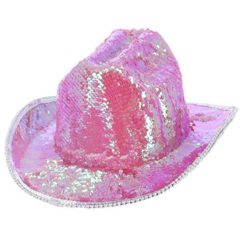 Sombrero de Vaquera Fever Deluxe de color Rosa Iridiscente con Lentejuelas para Adulto