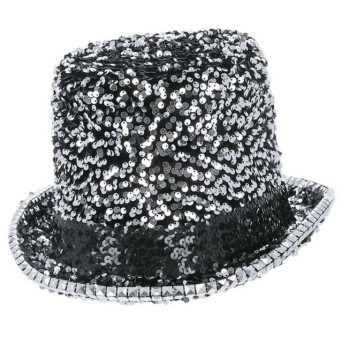 Sombrero de Copa Fever Deluxe de color Plata con Lentejuelas para Adulto