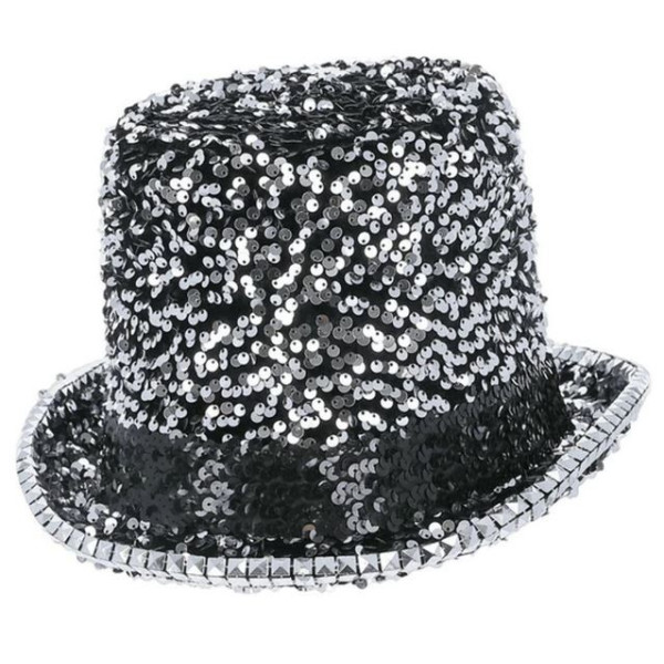 Sombrero de Copa Fever Deluxe de color Plata con Lentejuelas para Adulto