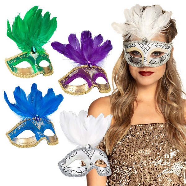 Antifaz de Veneciano con Pluma Varios Colores para Adulto