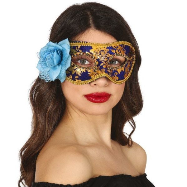 Antifaz de color Azul y Oro con Flor para Adulto