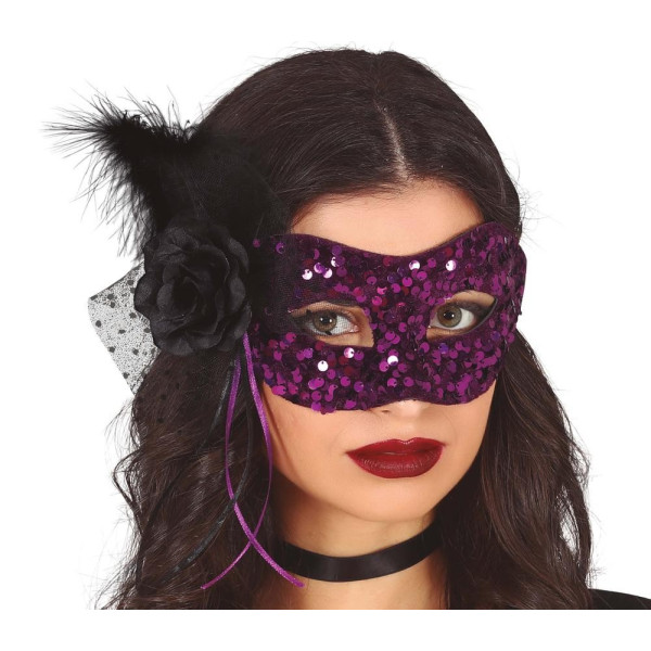 Antifaz de color Lila y Negro con Lentejuelas y Flor para Adulto