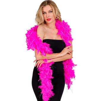 Boa de Plumas de color Rosa Hot de 1,80 Metros y 50 Gramos con Tinsel de color Iridiscente