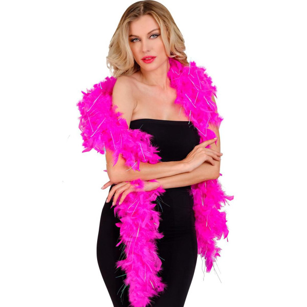 Boa de Plumas de color Rosa Hot de 1,80 Metros y 50 Gramos con Tinsel de color Iridiscente