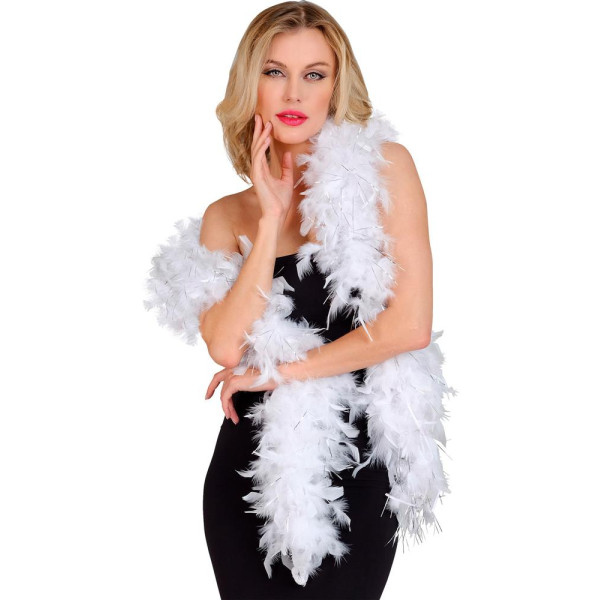 Boa de Plumas de color Blanco de 1,80 Metros y 80 Gramos con Tinsel de color Plata