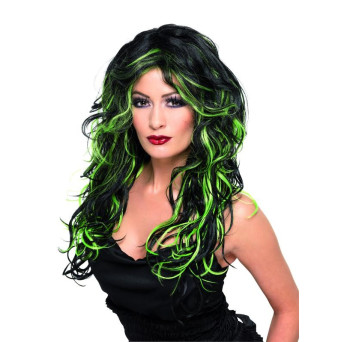 Peluca Negra con Mechas Verdes de Novia Gótica para Adulto