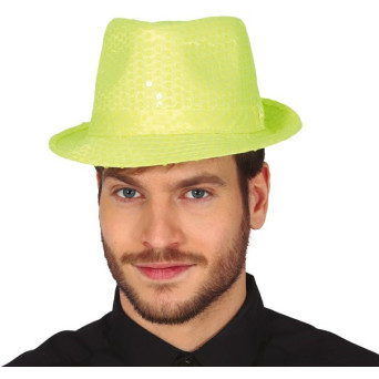 Sombrero de Gangster de color Amarillo Neón con Lentejuelas para Adulto