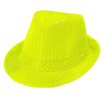 Sombrero de Gangster de color Amarillo Neón con Lentejuelas para Adulto