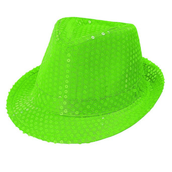 Sombrero de Gangster de color Verde Neón con Lentejuelas para Adulto