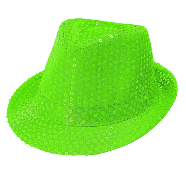 Sombrero de Gangster de color Verde Neón con Lentejuelas para Adulto