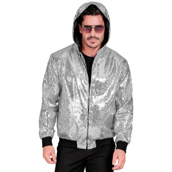 Chaqueta de color Plata con Lentejuelas y Capucha para Adulto
