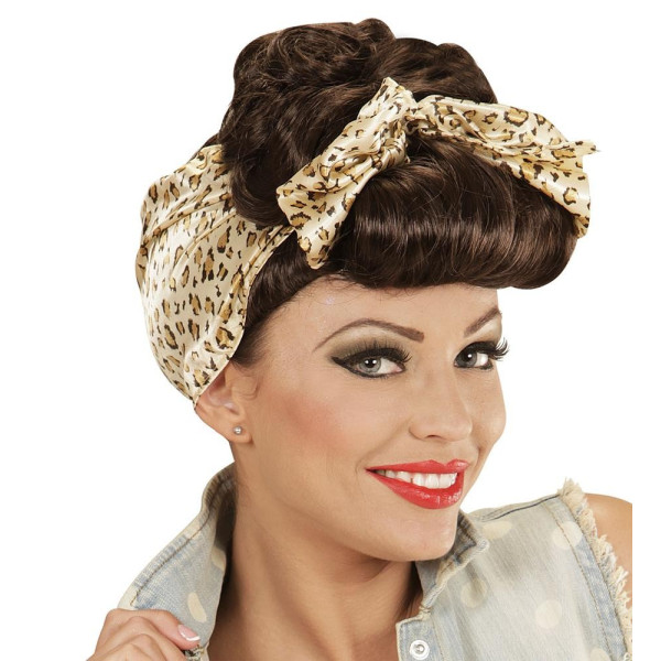 Peluca Castaña de Pin Up Rockabilly con Foulard para Adulto
