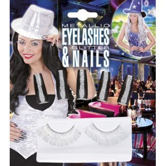 Kit de Pestañas Metalizadas y Uñas Brillantes de color Plata para Adulto