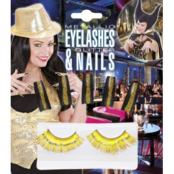 Kit de Pestañas Metalizadas y Uñas Brillantes de color Oro para Adulto
