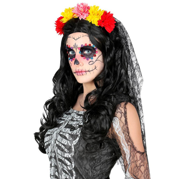 Velo del Día de los Muertos Mexicano con Flores