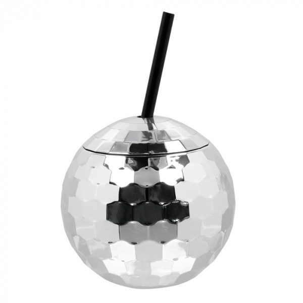 Vaso de Bola de Discoteca de color Plata con Pajita