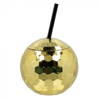 Vaso de Bola de Discoteca de color Oro con Pajita