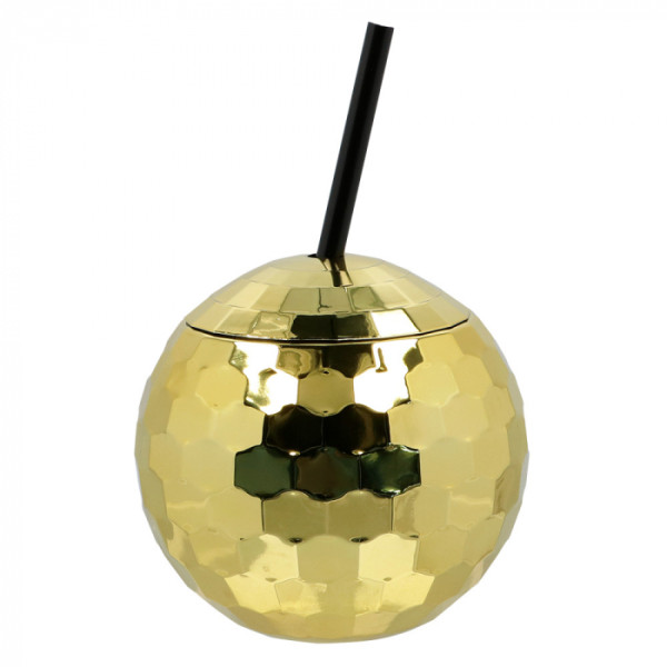 Vaso de Bola de Discoteca de color Oro con Pajita