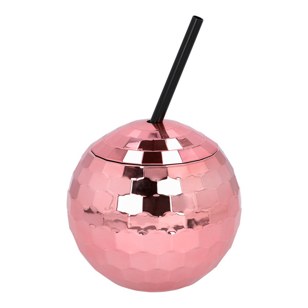 Vaso de Bola de Discoteca de color Oro Rosa con Pajita
