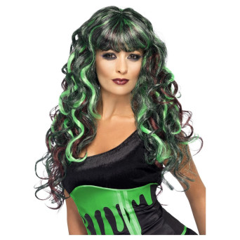 Peluca Negra con Mechas de color Verde para Adulto