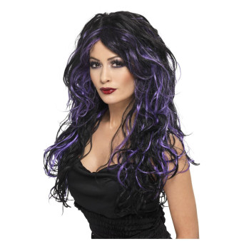 Peluca Negra con Mechas Lilas de Novia Gótica para Adulto