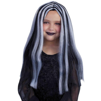 Peluca Negra de Brujita con Mechas Blancas Infantil