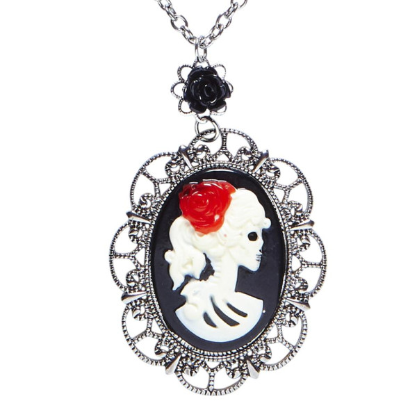 Collar de Cameo de Calavera con Rosa Negra