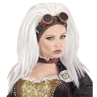 Peluca Blanca de Steampunk con Gafas para Adulto