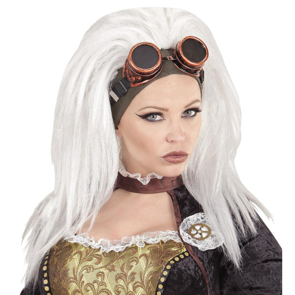 Peluca Blanca de Steampunk con Gafas para Adulto