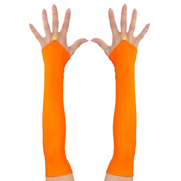 Guantes de Raso de color Naranja Neón de 43 Centímetros sin Dedos para Adulto