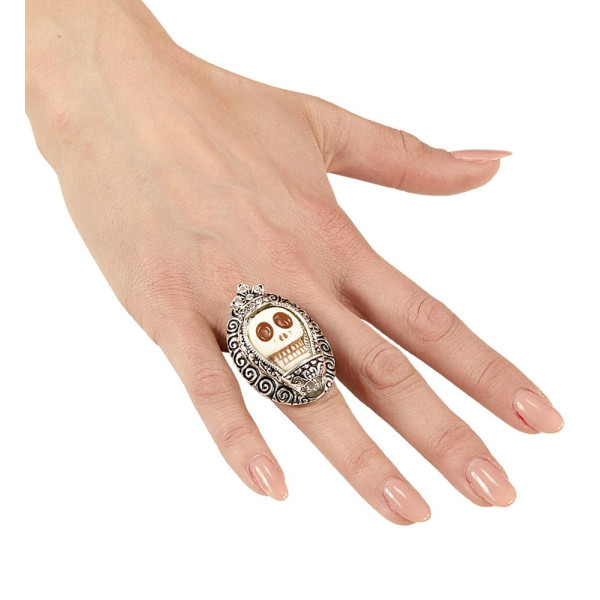 Anillo de color Plata con Calavera Blanca y Strass para Adulto
