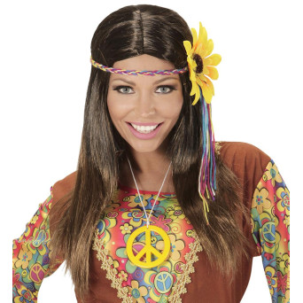 Peluca Castaña de Hippie con Cinta de Girasol para Adulto