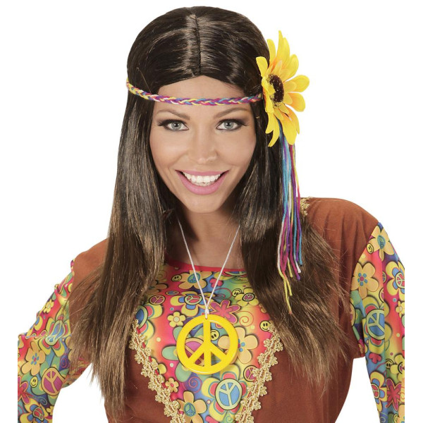 Peluca Castaña de Hippie con Cinta de Girasol para Adulto