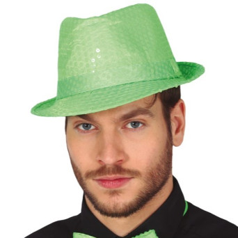 Sombrero de Gangster de color Verde Neón con Lentejuelas para Adulto
